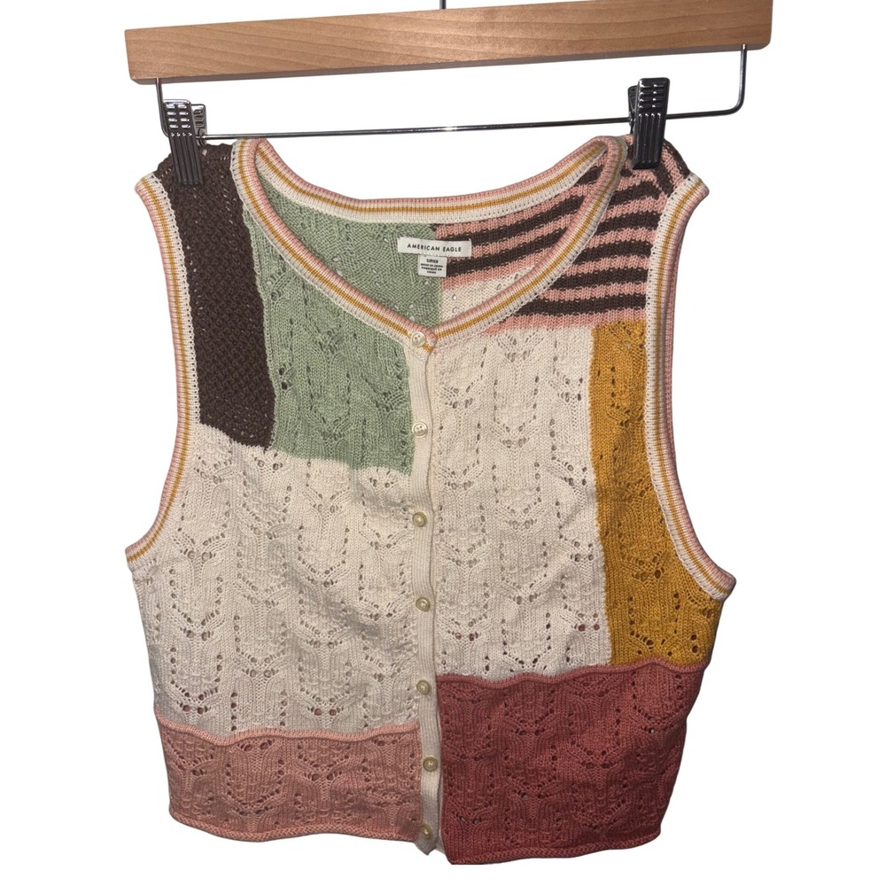 American Eagle‎ Patchwork Knit Vest Small Crochet Colorblock Boho